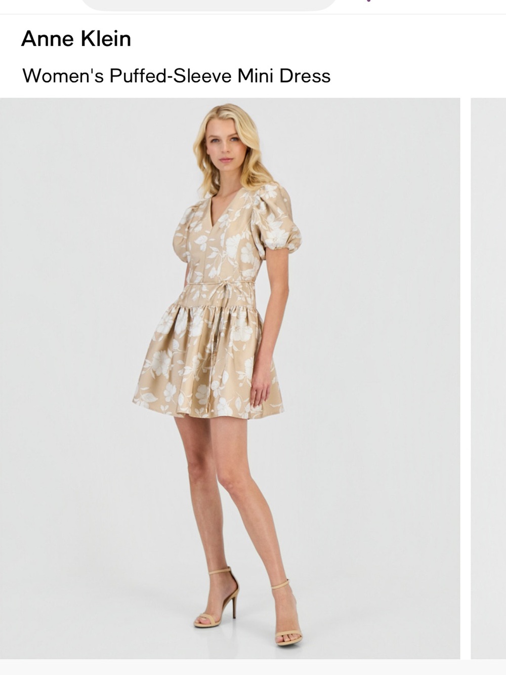 Anne Klein Beige and White Floral Puffed-Sleeve Mini Dress